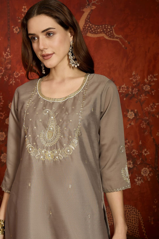 Grey Floral Embroidered Silk Straight Cut Suit (ACA9460)
