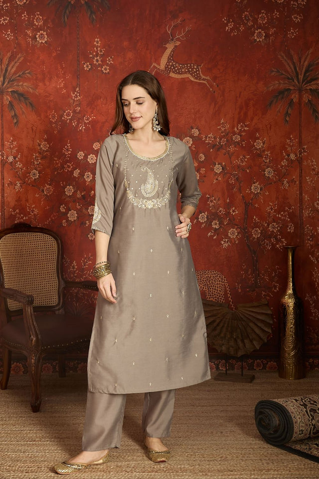 Grey Floral Embroidered Silk Straight Cut Suit (ACA9460)