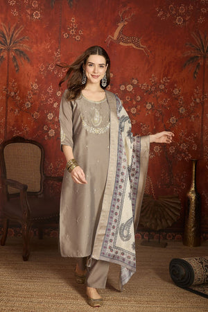 Grey Floral Embroidered Silk Straight Cut Suit (ACA9460)