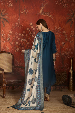 Blue Floral Embroidered Silk Straight Cut Suit (ACA9461)
