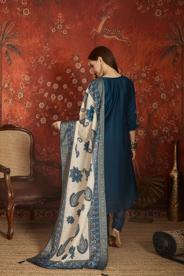 Blue Floral Embroidered Silk Straight Cut Suit (ACA9461)