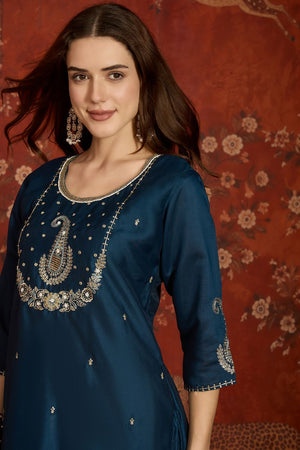 Blue Floral Embroidered Silk Straight Cut Suit (ACA9461)