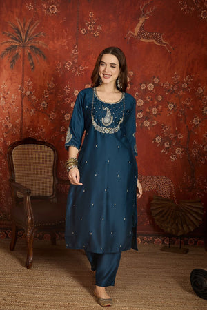 Blue Floral Embroidered Silk Straight Cut Suit (ACA9461)