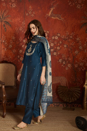 Blue Floral Embroidered Silk Straight Cut Suit (ACA9461)