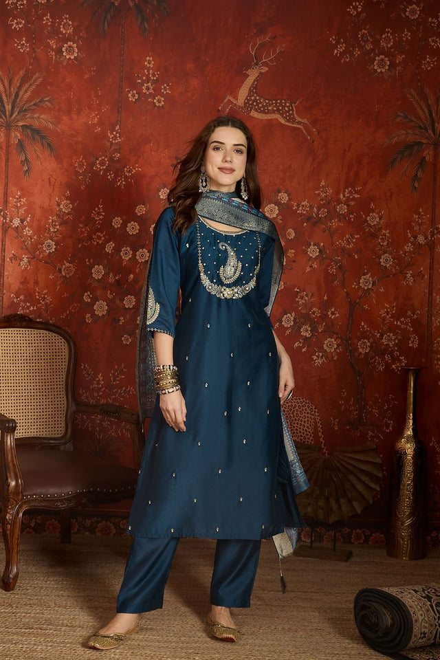 Blue Floral Embroidered Silk Straight Cut Suit (ACA9461)