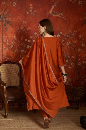 Orange Embroidered Silk Kurti Palazzo Set (ACA9462)