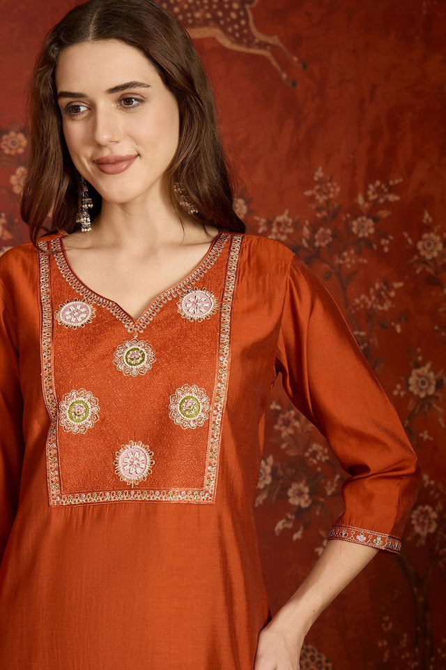 Orange Embroidered Silk Kurti Palazzo Set (ACA9462)