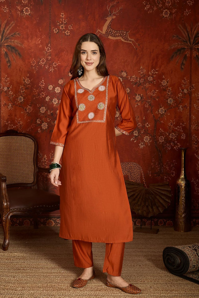 Orange Embroidered Silk Kurti Palazzo Set (ACA9462)