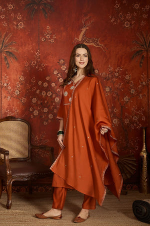 Orange Embroidered Silk Kurti Palazzo Set (ACA9462)