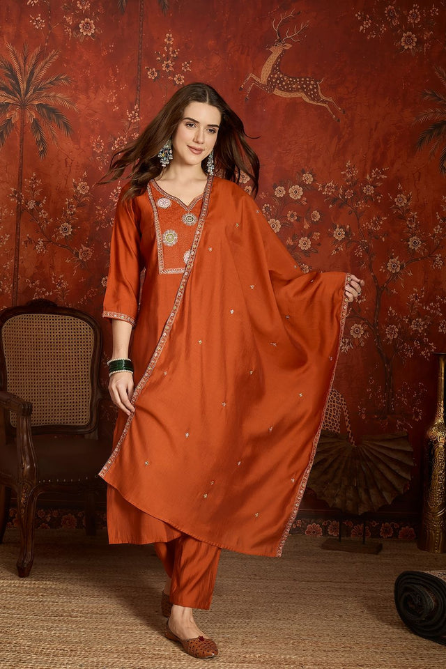 Orange Embroidered Silk Kurti Palazzo Set (ACA9462)