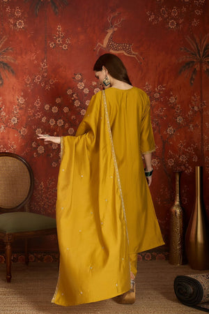 Mustard Embroidered Silk Kurti Palazzo Set (ACA9463)