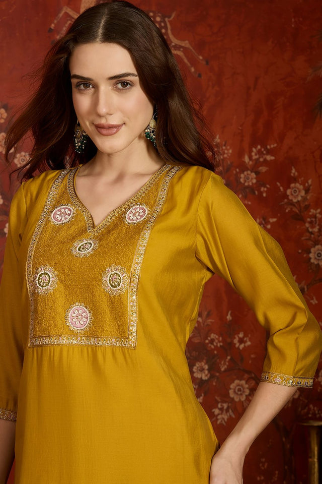 Mustard Embroidered Silk Kurti Palazzo Set (ACA9463)