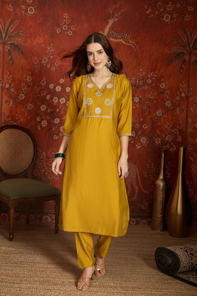 Mustard Embroidered Silk Kurti Palazzo Set (ACA9463)