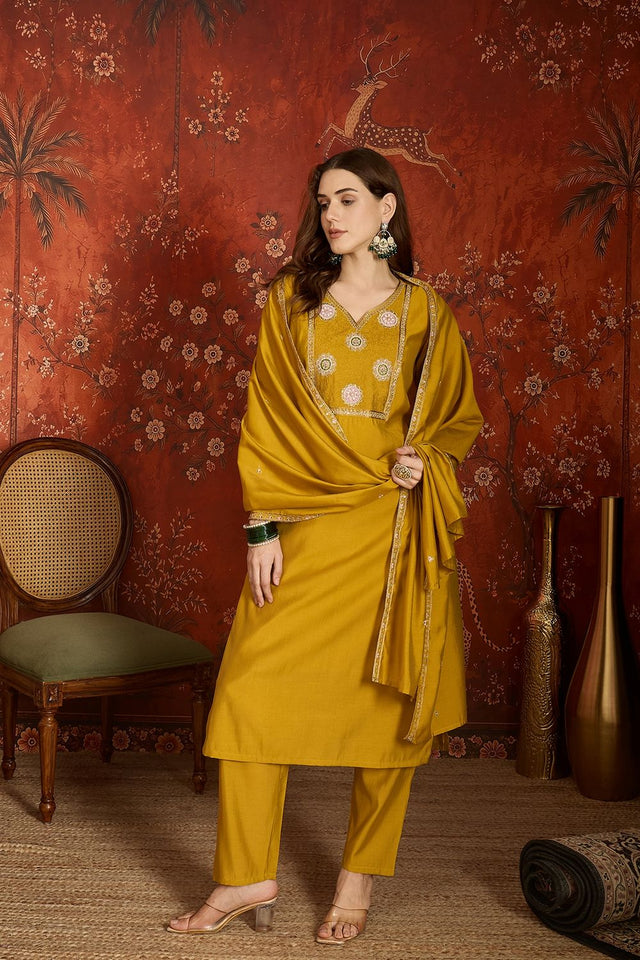 Mustard Embroidered Silk Kurti Palazzo Set (ACA9463)