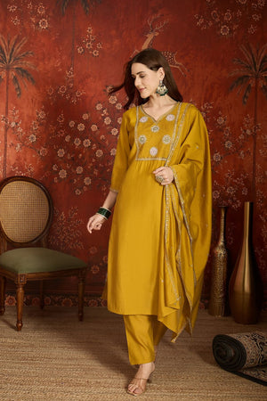 Mustard Embroidered Silk Kurti Palazzo Set (ACA9463)