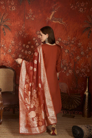 Rust Embroidered Silk Kurti Palazzo Set (ACA9464)