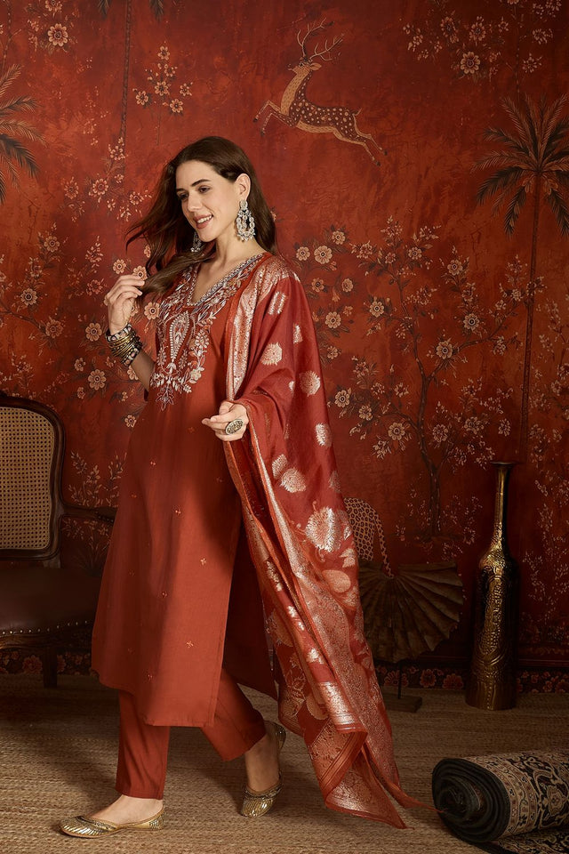 Rust Embroidered Silk Kurti Palazzo Set (ACA9464)