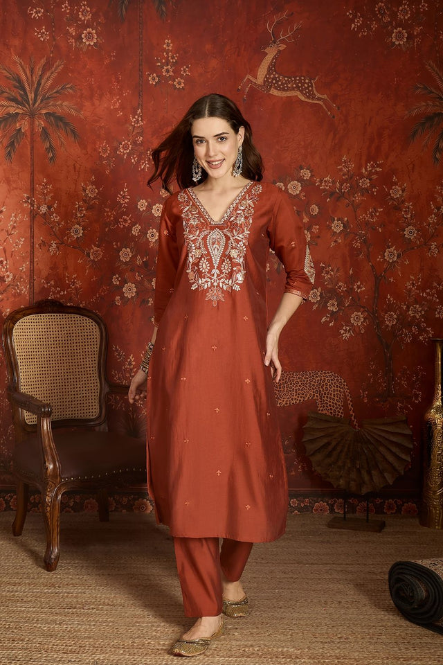 Rust Embroidered Silk Kurti Palazzo Set (ACA9464)