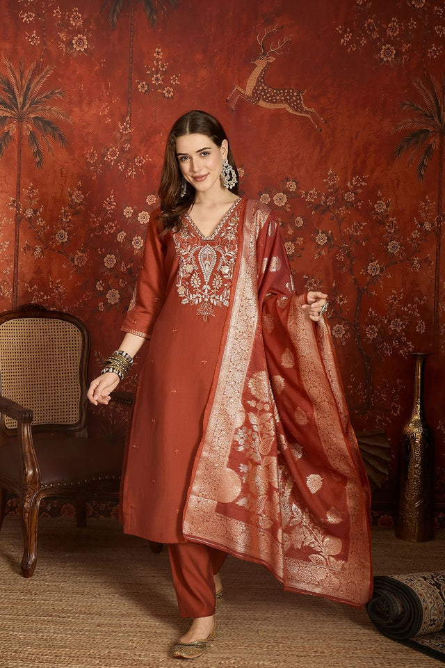 Rust Embroidered Silk Kurti Palazzo Set (ACA9464)