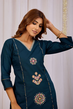 Turquoise Floral Printed Cotton Kurti Palazzo Set (ACA9465)