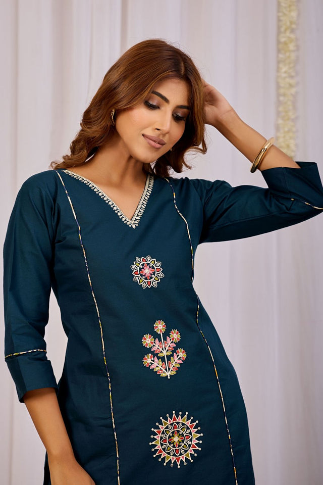Turquoise Floral Printed Cotton Kurti Palazzo Set (ACA9465)