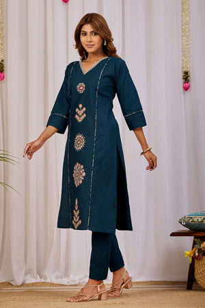Turquoise Floral Printed Cotton Kurti Palazzo Set (ACA9465)