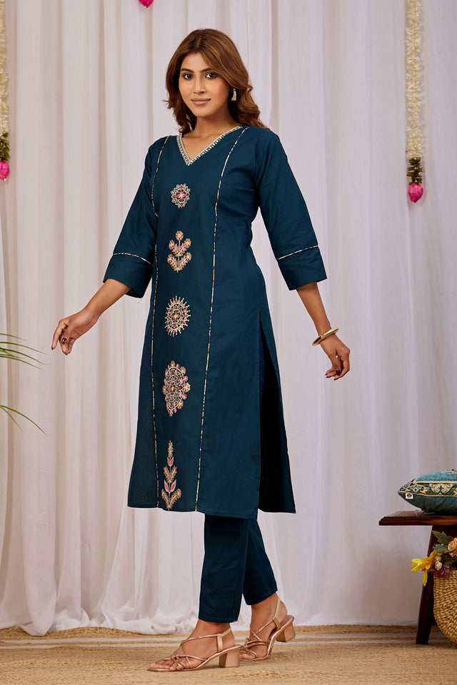 Turquoise Floral Printed Cotton Kurti Palazzo Set (ACA9465)