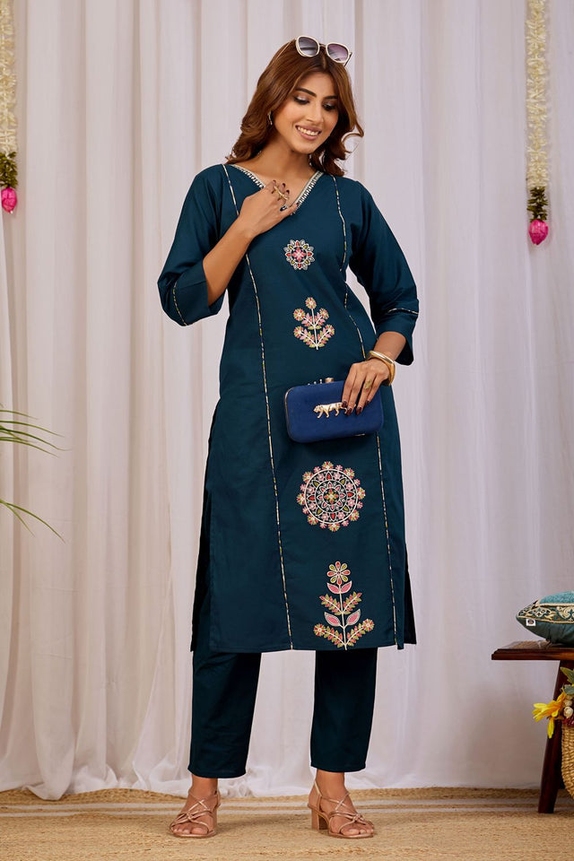 Turquoise Floral Printed Cotton Kurti Palazzo Set (ACA9465)