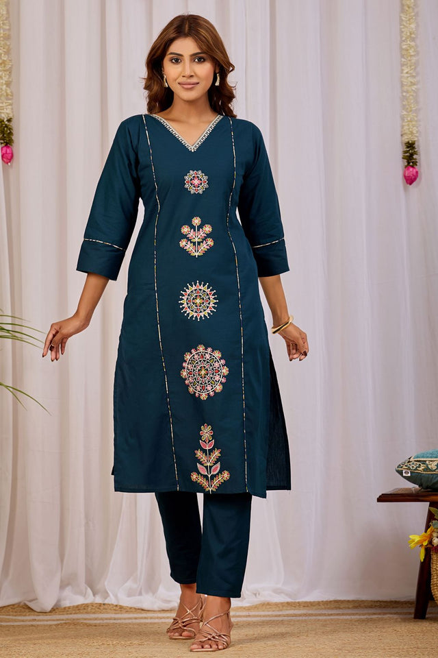 Turquoise Floral Printed Cotton Kurti Palazzo Set (ACA9465)