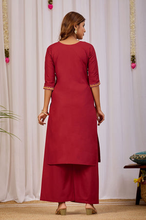 Maroon Floral Printed Cotton Kurti Palazzo Set (ACA9466)