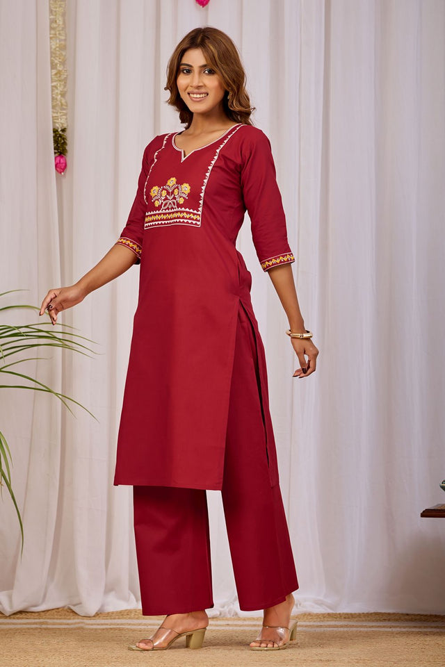Maroon Floral Printed Cotton Kurti Palazzo Set (ACA9466)