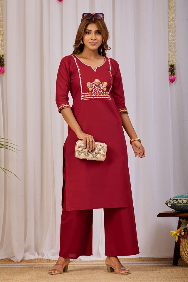 Maroon Floral Printed Cotton Kurti Palazzo Set (ACA9466)