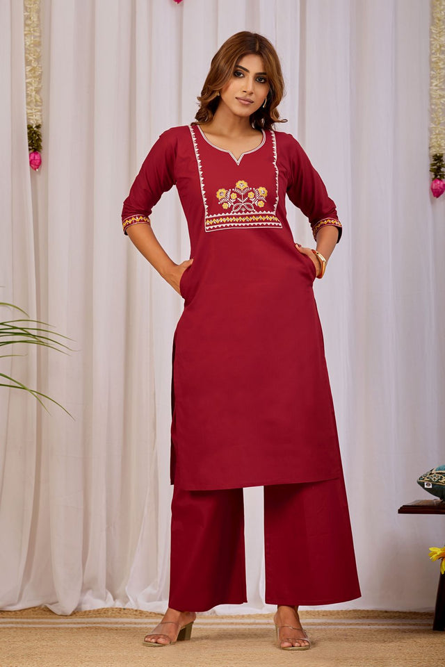 Maroon Floral Printed Cotton Kurti Palazzo Set (ACA9466)
