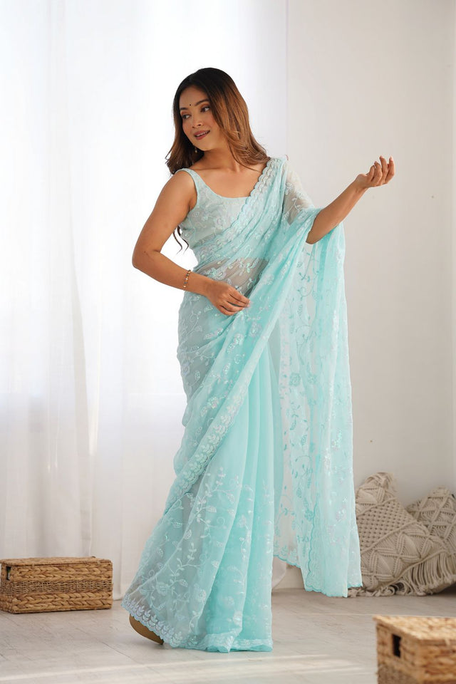 Blue Sequin Shimmer Saree (ACA9469)