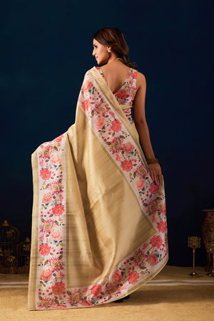Beige Floral Printed Silk Ready to Wear Saree (ACA9476)