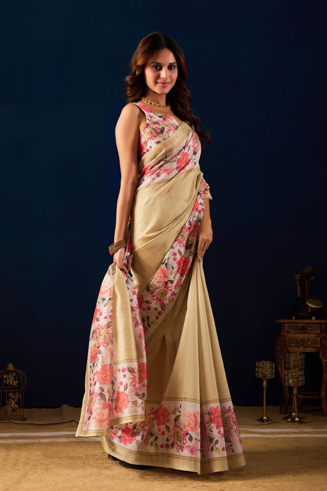 Beige Floral Printed Silk Ready to Wear Saree (ACA9476)