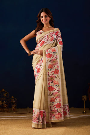 Beige Floral Printed Silk Ready to Wear Saree (ACA9476)