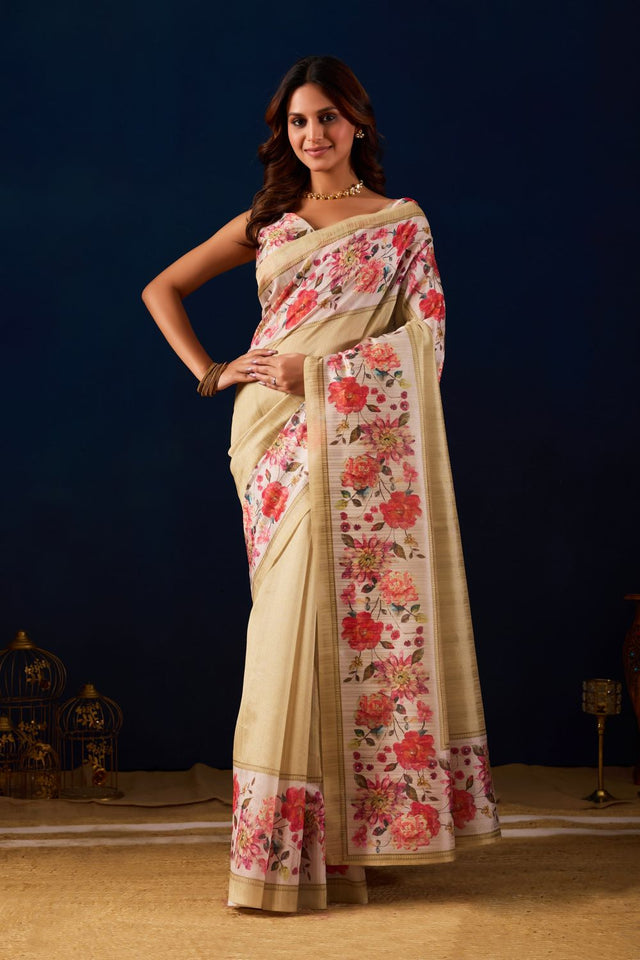 Beige Floral Printed Silk Ready to Wear Saree (ACA9476)