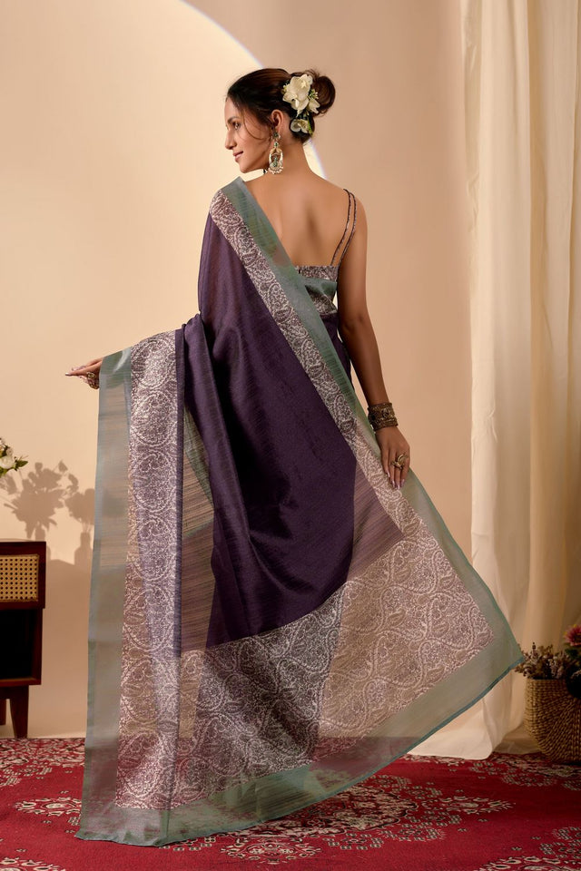 Purple Printed Silk Ready to Wear Saree (ACA9478)