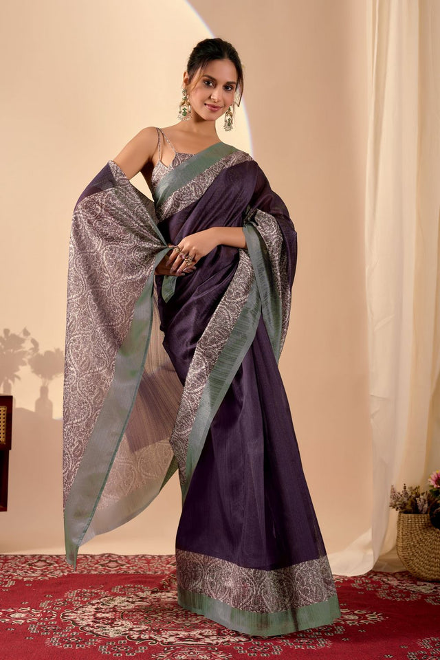 Purple Printed Silk Ready to Wear Saree (ACA9478)