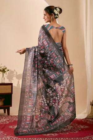 Black Floral Printed Silk Ready to Wear Saree (ACA9479)