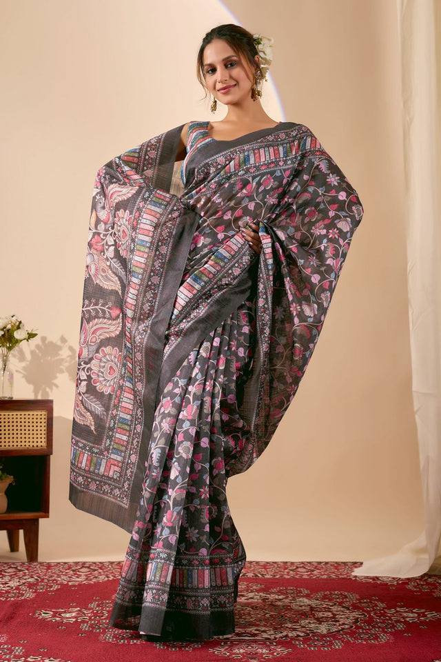 Black Floral Printed Silk Ready to Wear Saree (ACA9479)