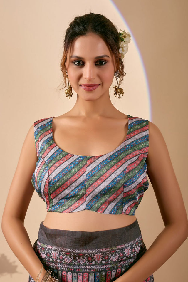 Black Floral Printed Silk Ready to Wear Saree (ACA9479)