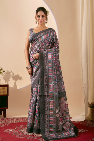 Black Floral Printed Silk Ready to Wear Saree (ACA9479)