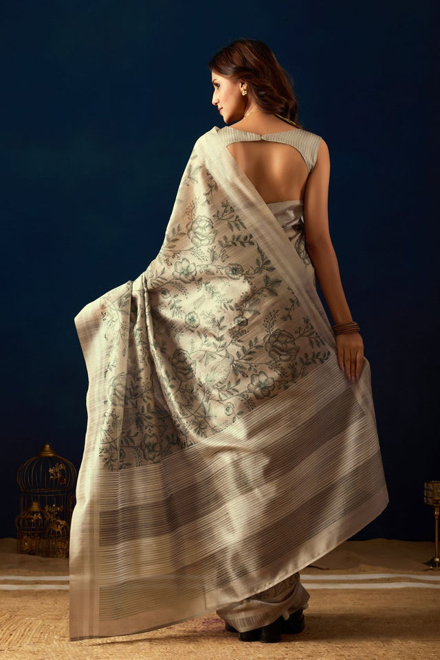 Cream Floral Printed Silk Ready to Wear Saree (ACA9480)