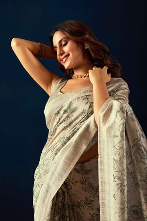 Cream Floral Printed Silk Ready to Wear Saree (ACA9480)