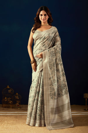 Cream Floral Printed Silk Ready to Wear Saree (ACA9480)