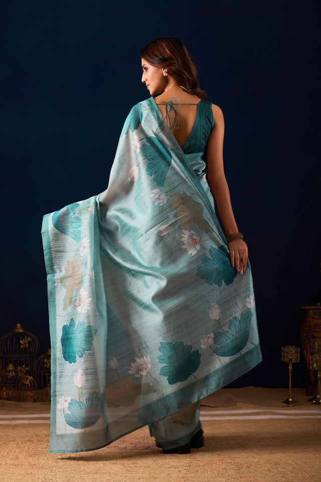 Blue Floral Printed Silk Ready to Wear Saree (ACA9481)