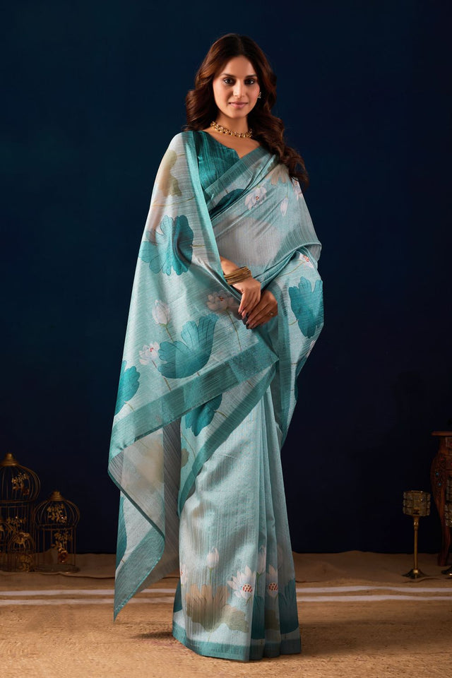 Blue Floral Printed Silk Ready to Wear Saree (ACA9481)