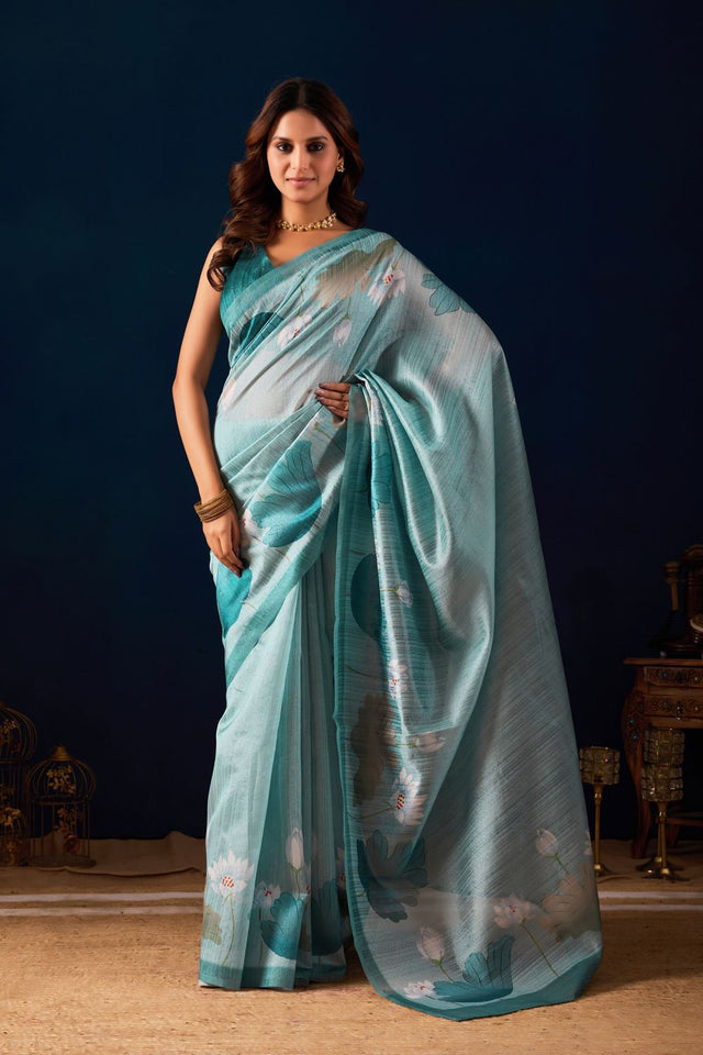 Blue Floral Printed Silk Ready to Wear Saree (ACA9481)